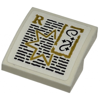white slope curved 2 x 2 x 2 3 with gold capital letter r star and border black writing and swirls pattern sticker - set 76413