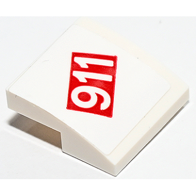 white slope curved 2 x 2 x 2 3 with 911 in red rectangle pattern sticker - set 75888