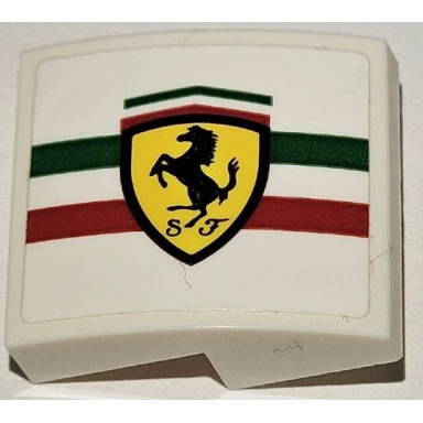 white slope curved 2 x 2 x 2 3 with ferrari logo on green and red stripes pattern model left side sticker - set 75889