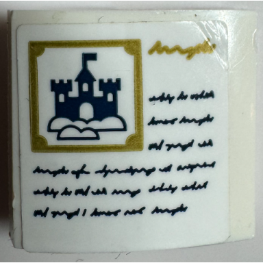 white slope curved 2 x 2 x 2 3 with book page with writing dark blue castle and clouds in gold frame pattern sticker - set 31125