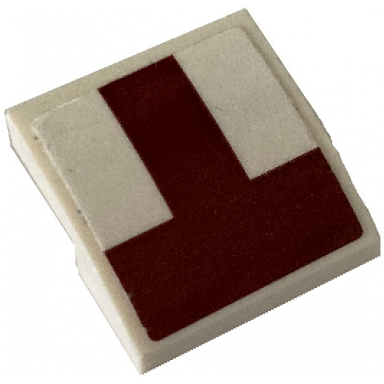 white slope curved 2 x 2 x 2 3 with dark red inverted t-shape pattern sticker - set 75191