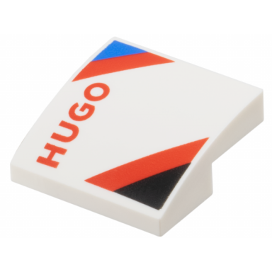 slope curved 2 x 2 x 2 3 with black and blue triangles red hugo and diagonal stripes pattern model left side