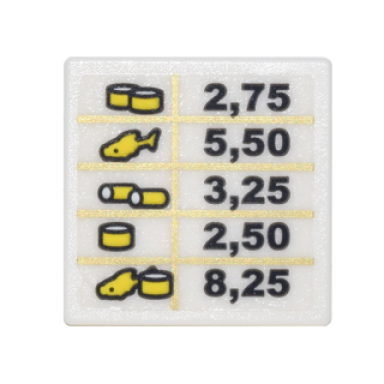 white road sign 2 x 2 square with open o clip with price sign with gold grid lines sushi rolls fish and black numbers pattern sticker - set 70620