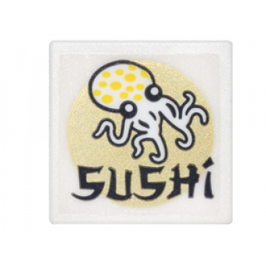 white road sign 2 x 2 square with open o clip with octopus gold circle and black sushi pattern sticker - set 70620