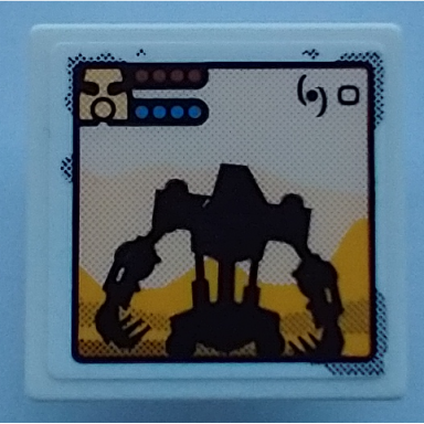white road sign 2 x 2 square with open o clip with black robot silhouette bionicle onua bright light orange mountains mask and health bars on computer screen pattern sticker - set 70423