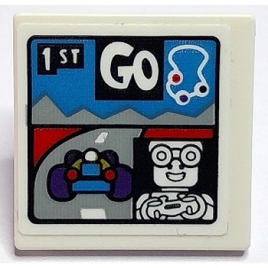 white road sign 2 x 2 square with open o clip with race car track outline gamer minifigure 1st and go pattern sticker - set 70436