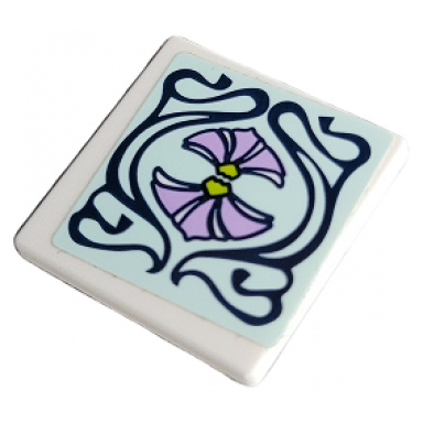 white road sign 2 x 2 square with open o clip with lavender and lime flower petals and dark blue scrollwork on light aqua background pattern sticker - set 41365