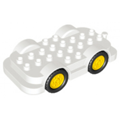 white duplo car base 4 x 8 with yellow wheels with black tires