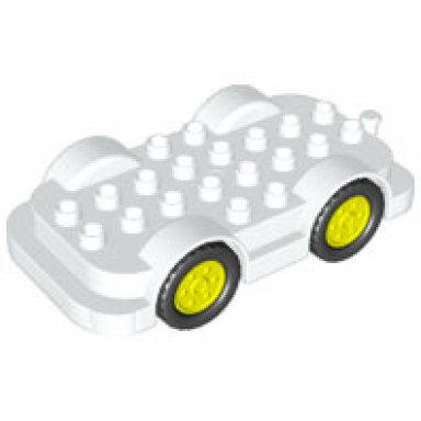 white duplo car base 4 x 8 with neon yellow wheels with black tires