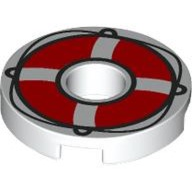 white tile round 2 x 2 with hole with red life preserver with black loops and string pattern
