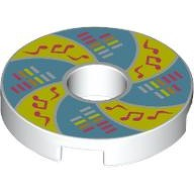 white tile round 2 x 2 with hole with bright light yellow and medium blue rotating panels coral and reddish orange equalizer bars and musical notes pattern