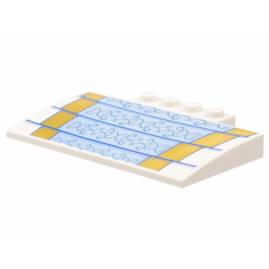 white slope curved 5 x 8 x 2 3 with 4 studs with 4 gold steps with bright light blue runner metallic light blue filigree pattern