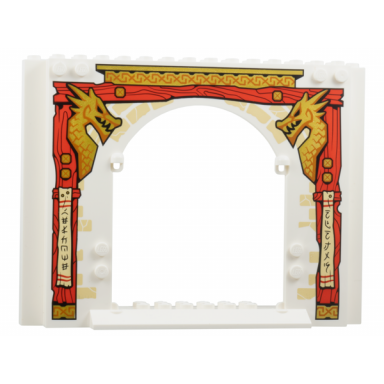 panel 4 x 16 x 10 with red wooden posts gold dragon heads and roof tan bricks and banners with black ninjago logogram welcome ninjas pattern
