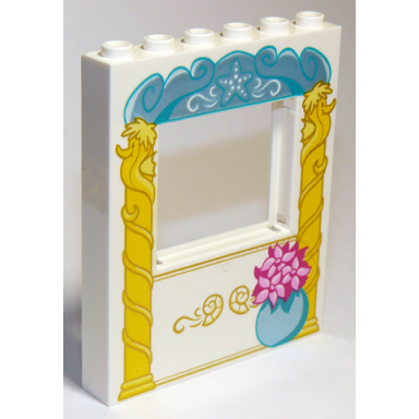 white panel 1 x 6 x 6 with window with bright light orange pillars and round vase with flowers pattern
