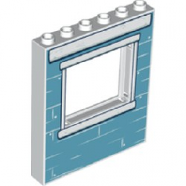 white panel 1 x 6 x 6 with window with medium blue bricks and white windowsill pattern