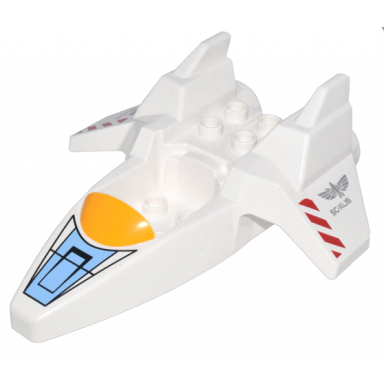 white duplo spaceship body with fins and engines with bright light orange windscreen red danger stripes and dark bluish gray sc-xl15 pattern