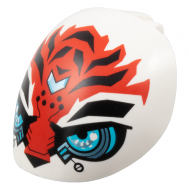large figure armor round smooth with bar handle - free ends with red tiger face with black eyebrows dots nose and markings medium azure and metallic light blue robotic eyes and forehead chevron pattern