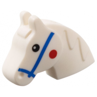 white minifigure utensil horse head with neck and mane with blue bridle black eyes red spot on cheeks pattern