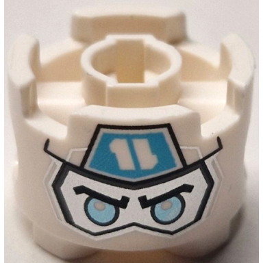 brick round 2 x 2 with pin holes with balaclava with ninjago logogram letter z on medium azure pentagon over silver face with black eyebrows and metallic light blue eyes pattern zane head