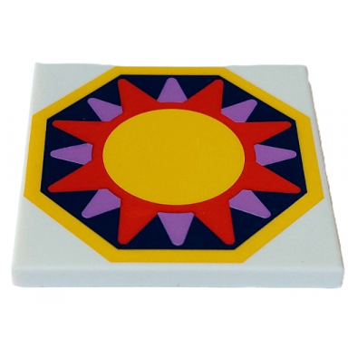 white tile 4 x 4 with yellow magenta and medium lavender sun on dark blue octagon background with yellow edge pattern