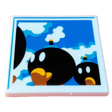 white tile 4 x 4 with black bob-ombs on blue sky with clouds background pattern