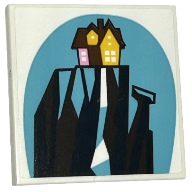 white tile 4 x 4 with dark brown bright light orange and bright pink house on cliff with waterfall on medium azure background pattern sticker - set 43217
