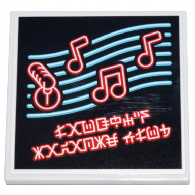 white tile 4 x 4 with red and white music notes and microphone on medium azure lines and ninjago logogram laughys karaoke club pattern sticker - set 71799