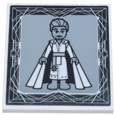 white tile 4 x 4 with portrait of male mini doll with cape king magnifico on light bluish gray background with geometric mirror frame pattern sticker - set 43224