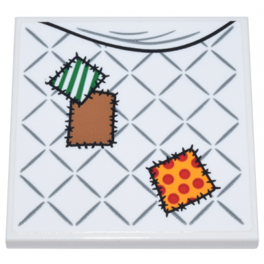 white tile 4 x 4 with blanket with silver lattice and bright light orange green medium nougat and red patches with black stitches pattern sticker - set 76437