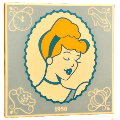white tile 4 x 4 with bright light orange and dark azure cinderella portrait in oval frame with white filigree 1950 clock face glass slipper gus and pumpkin on bright light blue background pattern