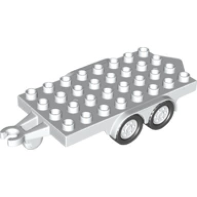 white duplo trailer flatbed 4 x 8 studs with hitch ends four black wheels and white hubs