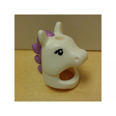 white minifigure headgear head cover costume horse with hole in top with black eyelashes and medium lavender mane pattern