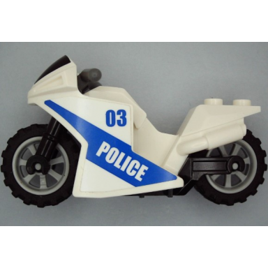 white motorcycle sport bike with black windshield pattern black frame light bluish gray wheels and dark bluish gray handlebars with gold badge with 03 and police pattern on both sides stickers - set 60139