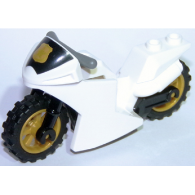 white motorcycle sport bike with black windshield with gold badge pattern black frame pearl gold wheels and dark bluish gray handlebars