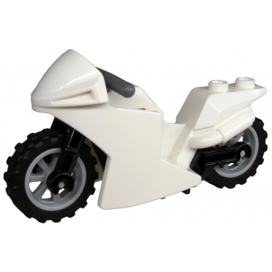 white motorcycle sport bike with black frame light bluish gray wheels and dark bluish gray handlebars