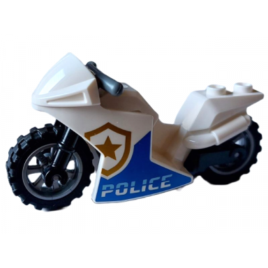 white motorcycle sport bike with black frame flat silver wheels and dark bluish gray handlebars with police pattern on both sides