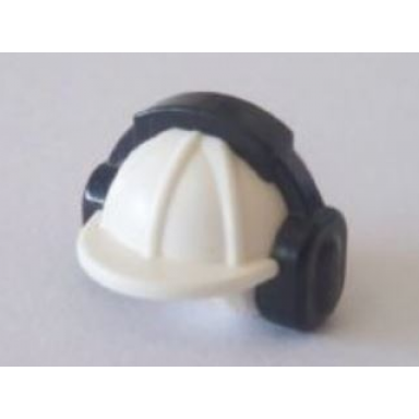 white minifigure headgear helmet construction with molded black ear protectors headphones pattern