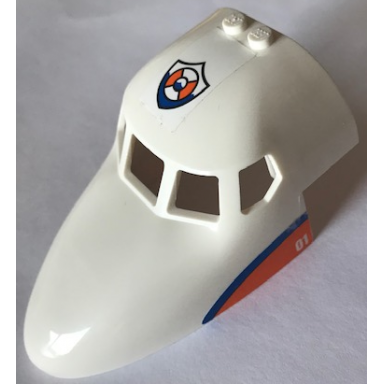 white aircraft fuselage forward top curved 6 x 10 x 4 with 5 window panes with coast guard logo on top and blue stripe on orange triangle with 01 pattern on both sides stickers - set 60164
