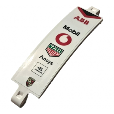 white technic panel curved 3 x 13 with abb mobil vodafone tag heuer ansys formula e and porsche logos pattern sticker - set 42137