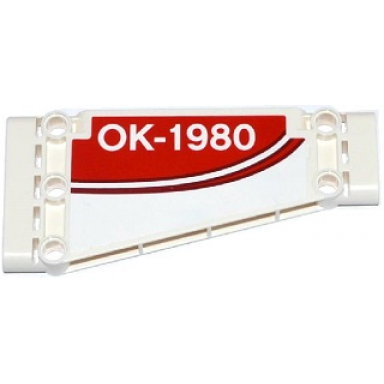 white technic panel plate 5 x 11 x 1 tapered with red stripe and ok-1980 on red background pattern model left side sticker - set 42040
