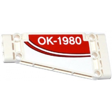 white technic panel plate 5 x 11 x 1 tapered with red stripe and ok-1980 on red background pattern model right side sticker - set 42040