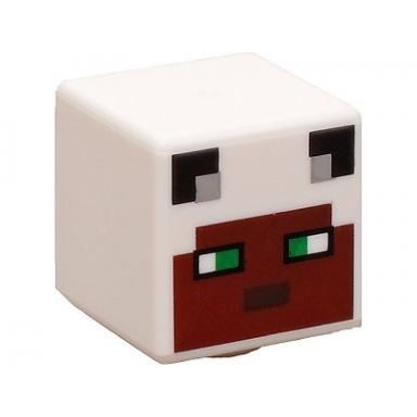 white minifigure head modified cube with pixelated reddish brown face green eyes and black ears pattern minecraft panda skin
