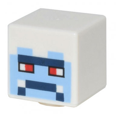 white minifigure head modified cube with pixelated bright light blue face red eyes and dark blue mouth and brow pattern minecraft yeti