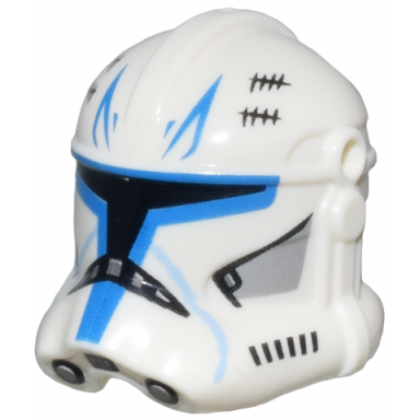 white minifigure headgear helmet sw clone trooper phase 2 with holes with black visor and tally and captain rex blue markings pattern