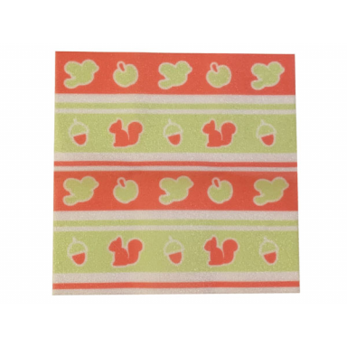 white duplo cloth blanket 10 x 10 cm with lime and coral stripes birds apples acorns and squirrels pattern