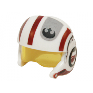 white minifigure headgear helmet sw rebel pilot raised front and microphone with trans-yellow visor with dark red stripes and black rebel alliance symbol pattern