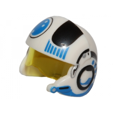 white minifigure headgear helmet sw rebel pilot raised front and microphone with trans-yellow visor with black and blue stripes and blue circle pattern