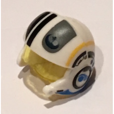 white minifigure headgear helmet sw rebel pilot raised front and microphone with trans-yellow visor with black yellow stripes and black rebel alliance symbol pattern