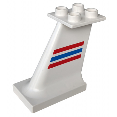 white duplo airplane jetliner tail with red and blue stripes pattern