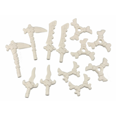 white minifigure weapon pack bone sickles swords hooks and shuriken throwing stars 12 in bag multipack